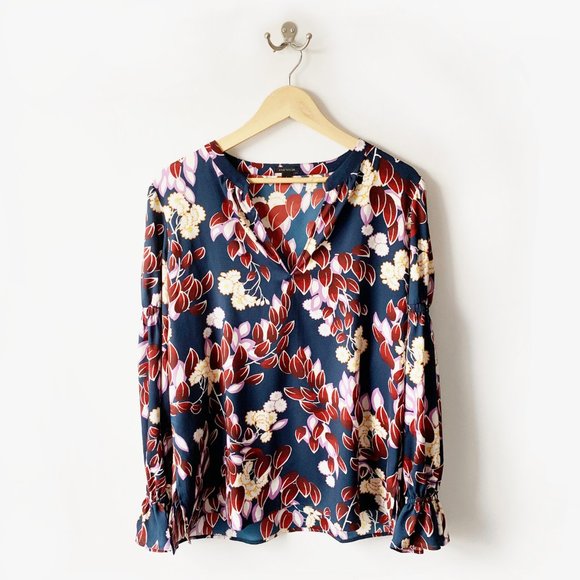 🌱 Ann Taylor Teal + Floral Print Top | Large Flowy Blouse spring - Picture 1 of 14